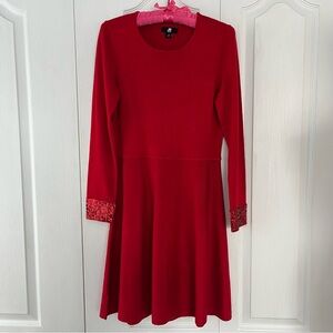 Jason Wu Women's Red Sequin Accent Long Sleeve A-Line Knee Length Dress Size M.